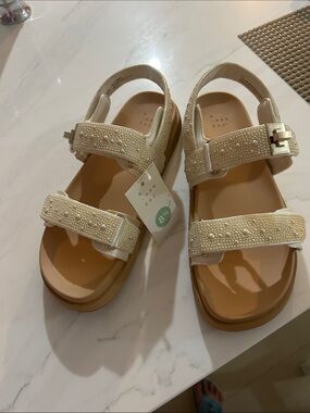 Beau & Bay Pearl-Embellished Cream Platform Sandals
